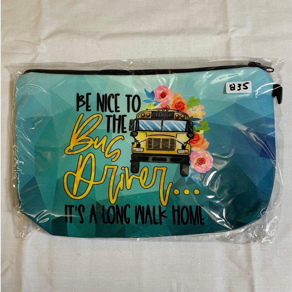 The Pouch Cosmetic Bag Teal NWT Bus‎ Driver Floral Humor Makeup Case